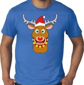 Grote maten fout Kerst t-shirt - Rudolf het rendier met kerstmuts - blauw voor heren - plus size kerstkleding / kerst outfit XXXL