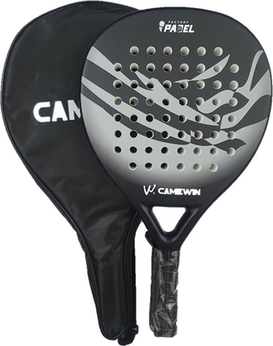 Foto: Camewin padelracket inclusief padeltas full carbon grijs zwart padel racket cadeautip