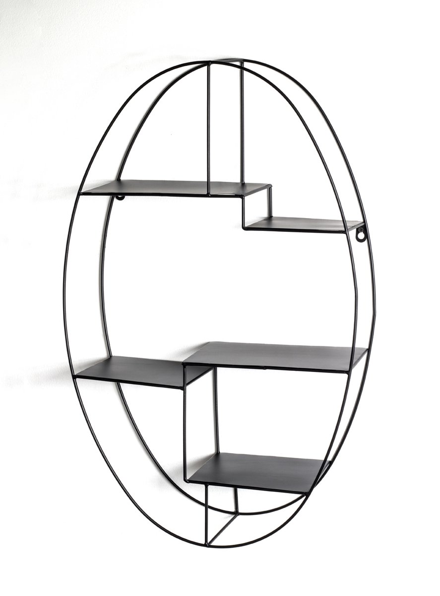 Wandrek – Zwart metaal – Ovaal vintage design met 5 planken – Industrieel wandrek