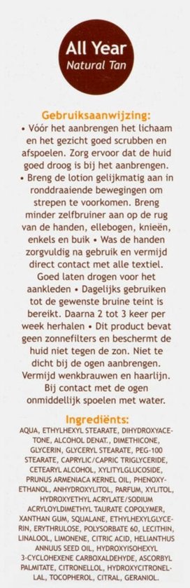 Zijde van verpakking met gebruiksinstructies en ingrediënten voor Vision All Year Natural Tan.