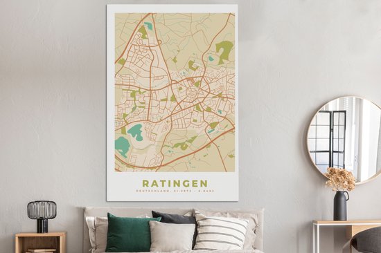 Tableau sur toile Ratingen - Plan d'étage - Plan de ville - Vintage - Carte - 120x180 cm - Décoration murale XXL