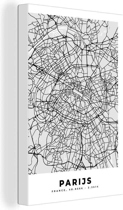 Canvas Schilderij Parijs - Stadskaart - Zwart Wit - Plattegrond - Kaart - 20x30 cm - Wanddecoratie