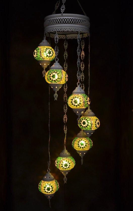Hanglamp multicolour groen zilver glas mozaïek Oosterse lamp kroonluchter Crèmewit 7 bollen