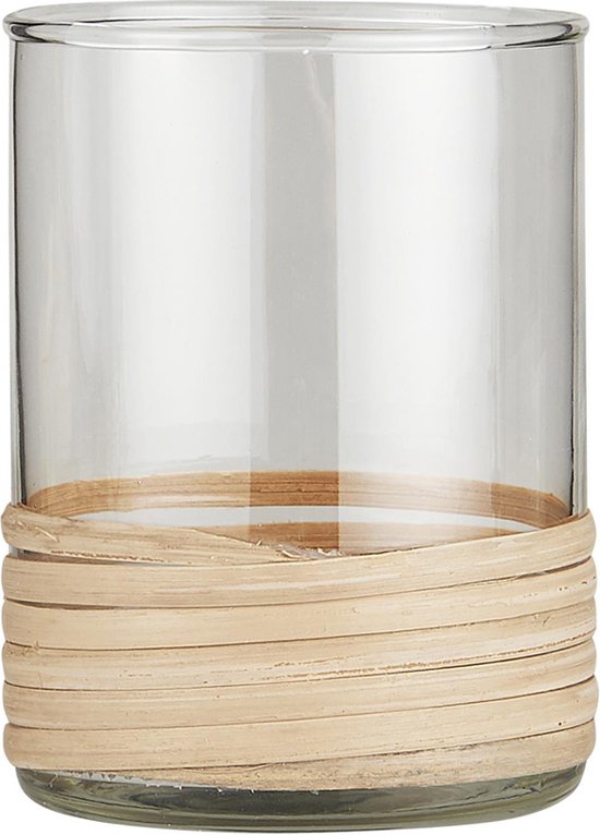 IB Laursen - waxinelichthouder - glas voorzien van rotan rand - hoogte 10 cm - dia 7 cm - ibizastyle - huis en tuin