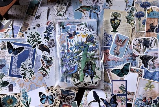 Deco Sticker- & Papierset – Vintage Blue – 200 stuks – Bullet Journal Stickers – Planner Agenda Stickers – Scrapbook stickers /papier – Hobbypapier – Stickers en hobbypapier voor volwassenen en kinderen