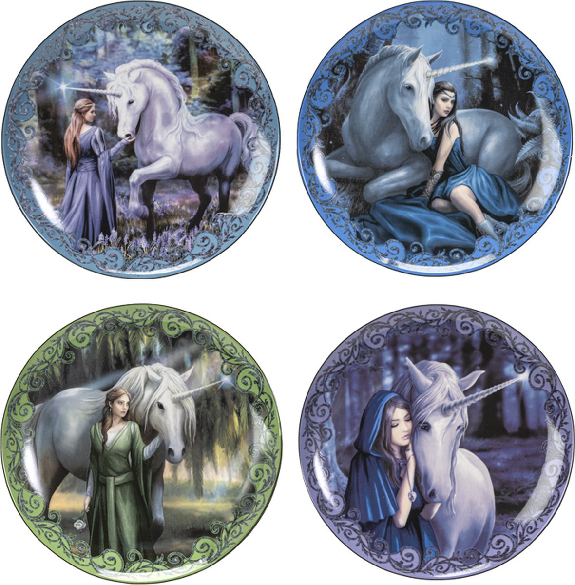 Fantasy Giftshop Anne Stokes dessert plates â€“ Unicorn and Maiden