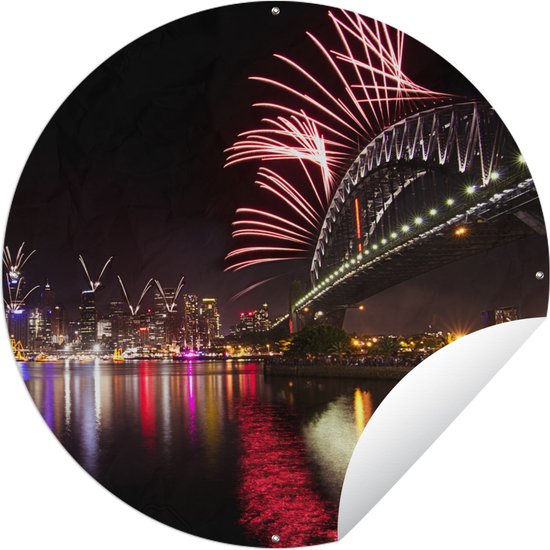 Tuincirkel Sydney Harbour Bridge met vuurwerk in Australië - 60x60 cm - Ronde Tuinposter - Buiten