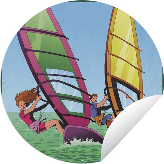 Tuincirkel Een illustratie van twee mensen die aan het windsurfen zijn - 150x150 cm - Ronde Tuinposter - Buiten