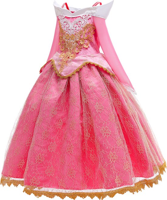 Roze prinsessenjurk met lange mouwen, gedetailleerd gouden kant op de rok en het lijfje.