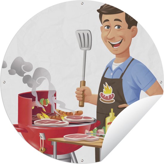 Tuincirkel Een illustratie van een man die het eten bakt op de barbecue - 60x60 cm - Ronde Tuinposter - Buiten