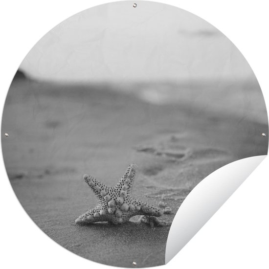 Tuincirkel Close-up van een zeester die vertoeft op het strand - zwart wit - 60x60 cm - Ronde Tuinposter - Buiten