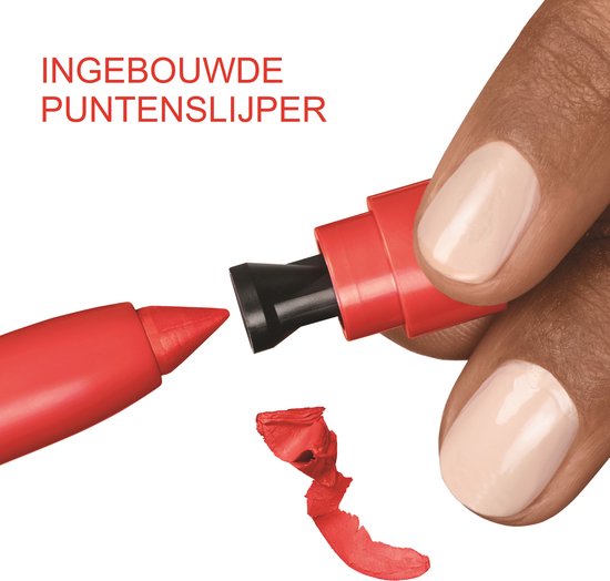 Een rode lippenstift met de punt aangescherpt door de ingebouwde puntenslijper. Tekst: 'INGEBOUWDE PUNTENSLIJPER'.