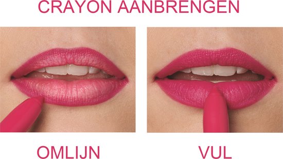 Twee close-ups van lippen die de Maybelline Super Stay Ink Crayon aanbrengen, omlijnen en invullen.