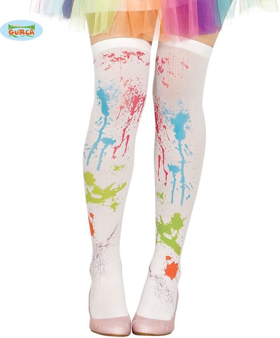 Witte kousen met rode, blauwe, groene en oranje verfspatten. Tot boven de knie.