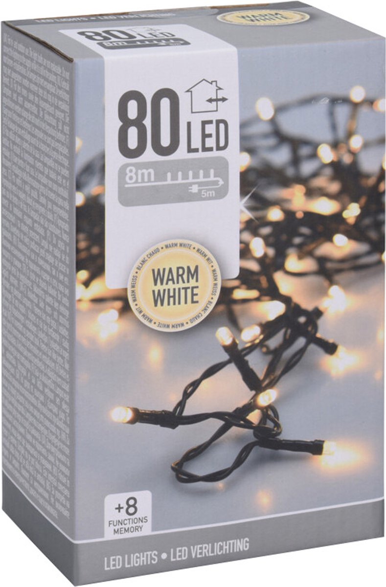 Kerstverlichting - 2x - lichtsnoer - 80 led lampjes - warm wit - 8 meter - kerstlampjes