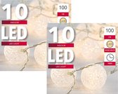 Set van 2x stuks lichtsnoer met 10 witte bolletjes warm wit op batterij met timer 135 cm - Kerstverlichting