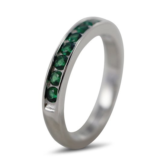 Silventi 9SIL-22101 Zilveren Ring met Zirkonia - Dames - 9 Zirkonia Steentjes - 3 mm - Groen - Maat 56 - 3,5 mm Breed - Rhodium - Zilver