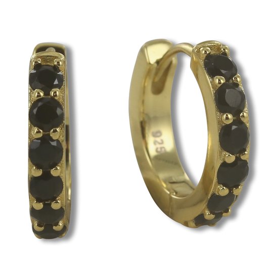 Silventi 9SIL-22092 Zilveren Oorringen met Zirkonia - Dames - Zirkonia - Zwart - 16 x 3 mm - Scharnier - Zilver - Gold Plated (Verguld/Goud op Zilver)