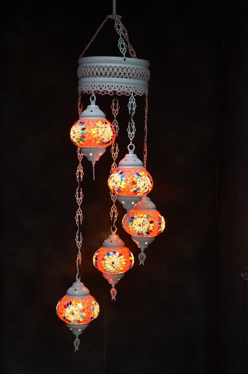 Hanglamp multicolour rood glas mozaïek 5 bollen Turkse Oosterse Crèmewit Marokkaanse kroonluchter