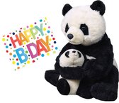 Pluche knuffel panda beer met baby 38 cm met A5-size Happy Birthday wenskaart - Verjaardag cadeau setje