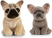2x Pluche Franse Bulldog honden knuffels 15 en 25 cm speelgoed - Beige moederhond met blauwe/grijze puppy - Honden huisdieren knuffels - Speelgoed voor kinderen