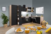 Hoekkeuken 310  cm - complete keuken met apparatuur Merle  - Eiken/Zwart - soft close - elektrische kookplaat - vaatwasser - afzuigkap - oven    - spoelbak