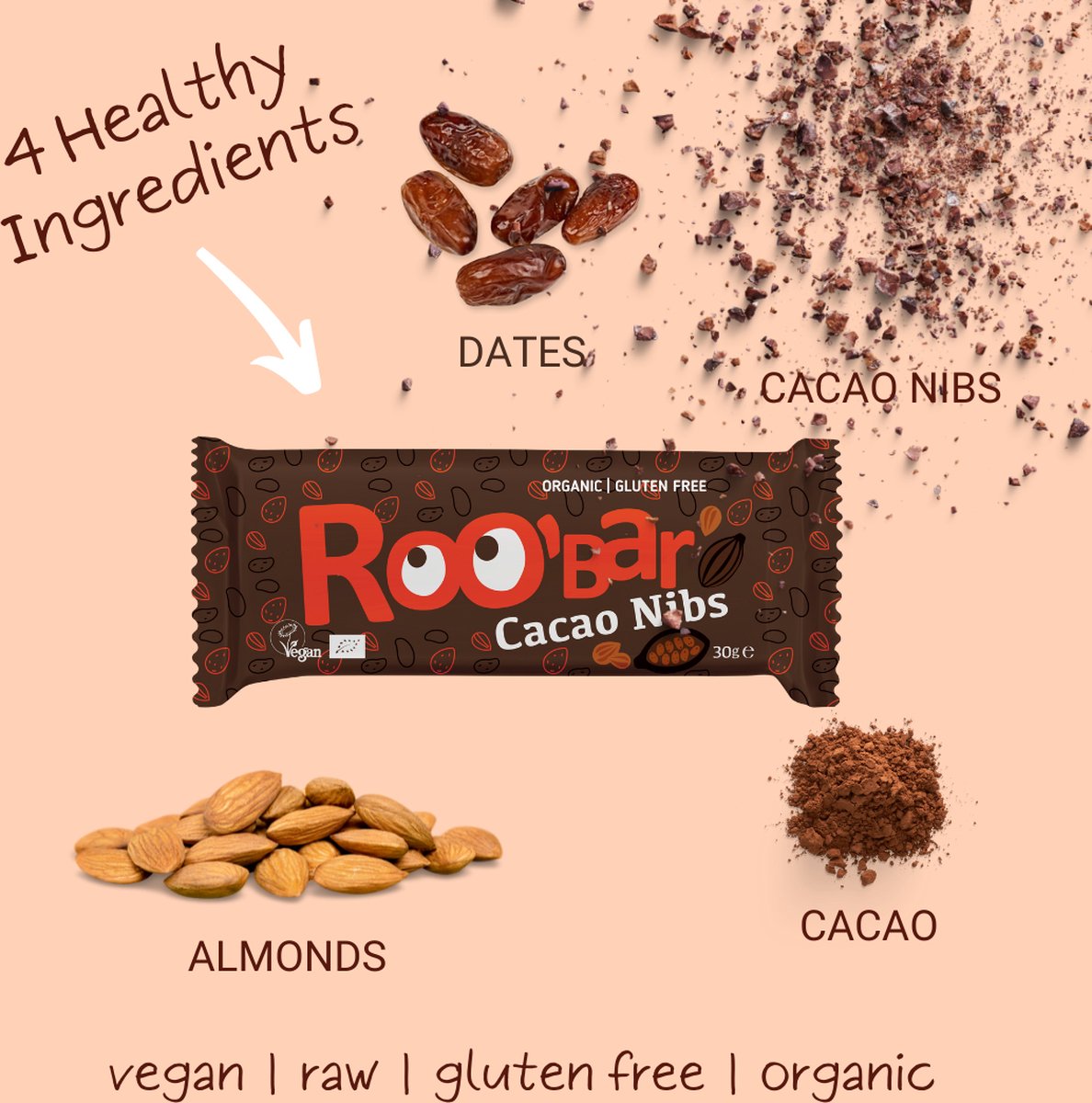 Roo'Bar | Superfoods | Cacao Nibs | Box 20 stuks