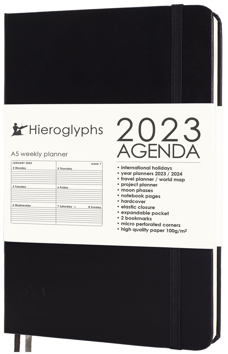 Hieroglyphs Agenda 2023 - A5 - 1 Week op 2 pagina's - Sluitelastiek - Opbergvak - 2 Bladwijzers - planner 2023