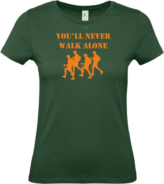 Dames T-shirt You'll never walk alone |Wandelvierdaagse | vierdaagse Nijmegen | Roze woensdag | Groen | maat S