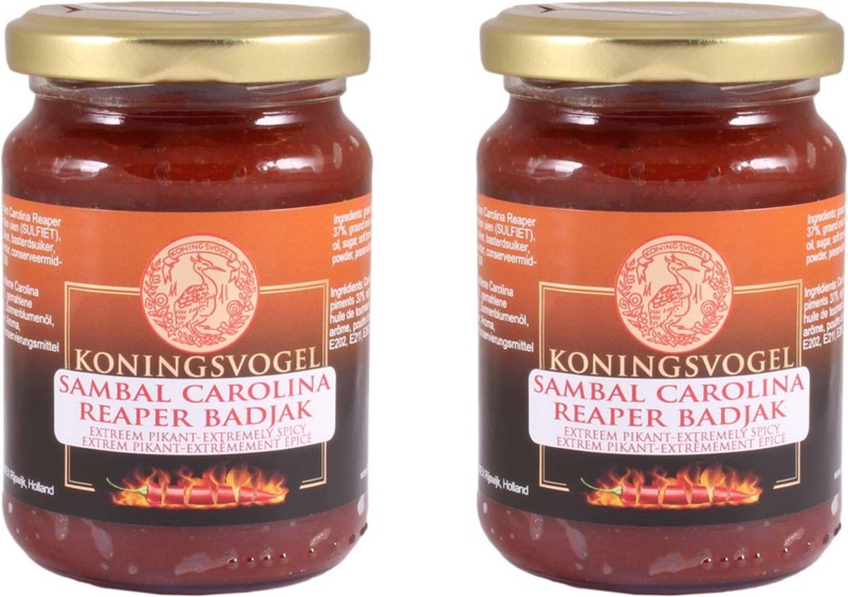 Koningsvogel® | 2 x 200 gram Sambal Carolina Reaper Badjak | Voordeelpak | Oosterse keuken | Aziatisch koken | Vegetarisch