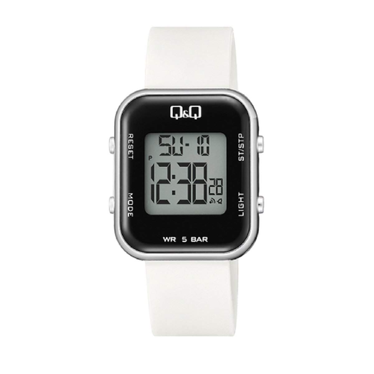 QQ model m207j005y-dameshorloge-digitaal-wit-zilverkleurig-2 tijden-alarm-stopwatch-50 meter waterdicht-backlight