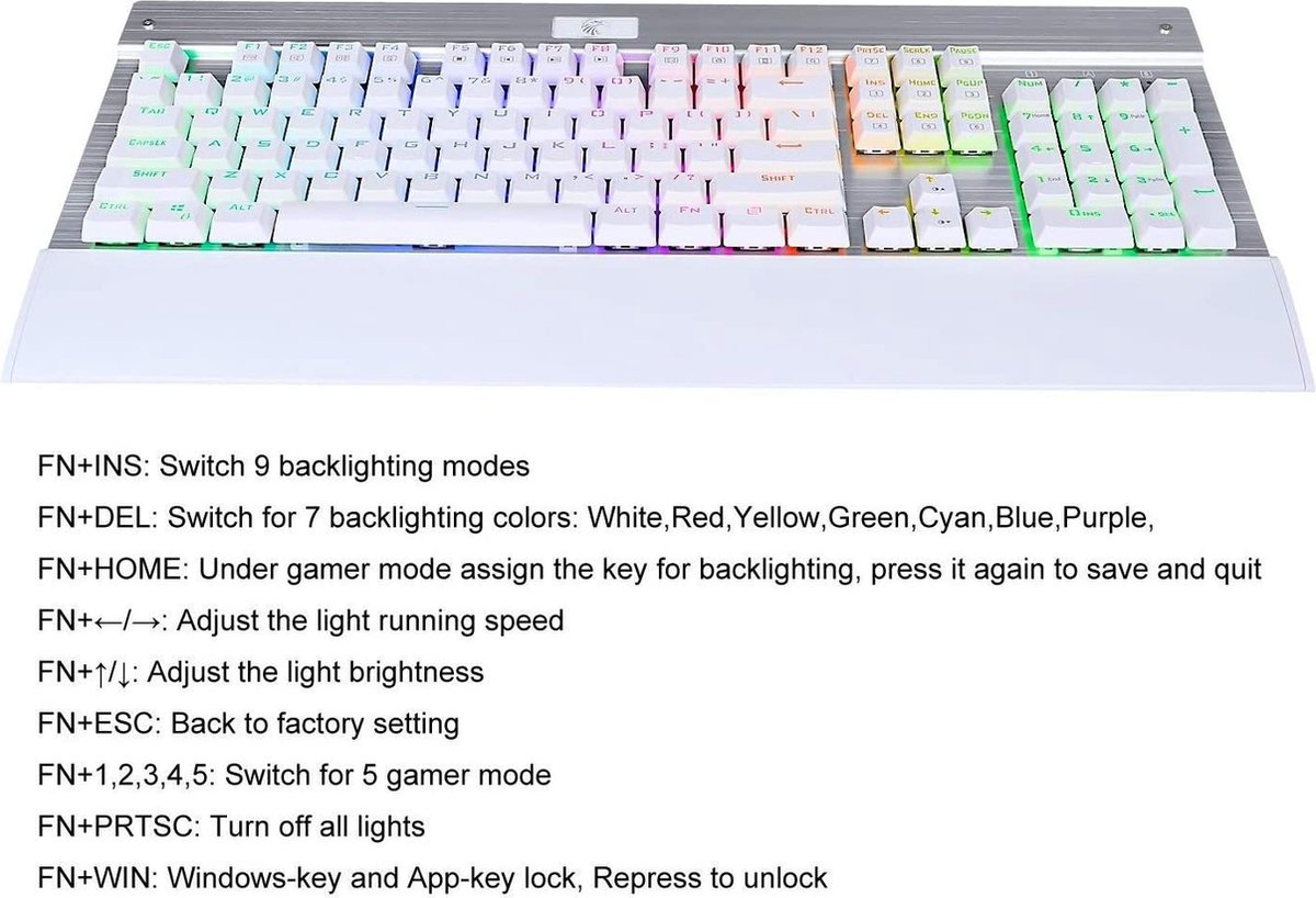 E-Yooso Z77 Falcon Mechanical Gaming Keyboard - Instelbare RGB - 104 toetsen - met polssteun - Blue Switches (Wit)