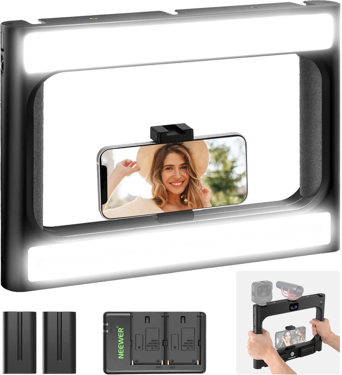 NEEWER - Smartphone - Video Rig - Met licht - Handphone Stabilizer - Met - Selfie Ring Light - Dimbaar - 3200K-5600K - CRI97+ LED - Videolamp - Voor - YouTube Video Recording/Make-up - Batterijen en oplader (meegeleverd)