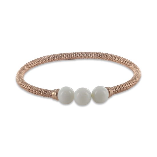 Silventi 9SIL-22662 Zilveren Armband - Dames - Popcorn - Rekbaar - 3,7 mm Dikte - 3 Kralen - Agaat - Wit - 8 mm Doorsnee - 18 cm - Zilver - Rosegold Plated (Verguld/Goud op Zilver)