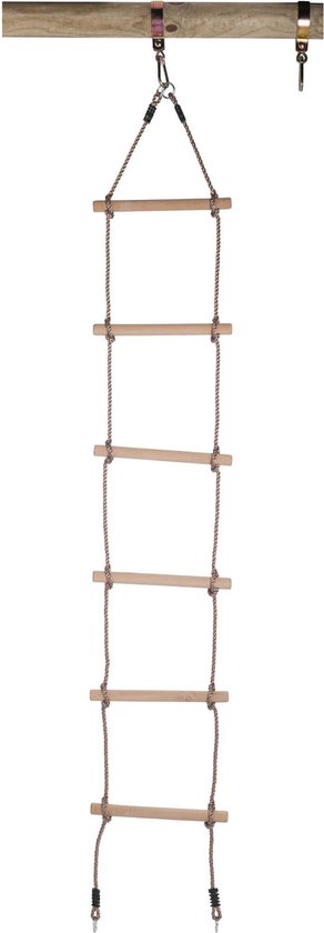 Houten touwladder met bruine touwen, hangend aan een houten balk.