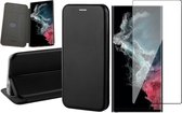 Hoesje geschikt voor Samsung Galaxy S22 Ultra - Book Case Lederen Wallet Cover Minimalistisch Pasjeshouder Hoes Zwart - Full Tempered Glass Screenprotector