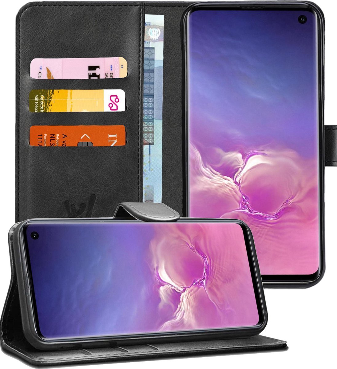 Samsung Galaxy S10 Hoesje - Book Case Leer Wallet Cover Portemonnee Pasjeshouder Hoes Zwart + screen protector