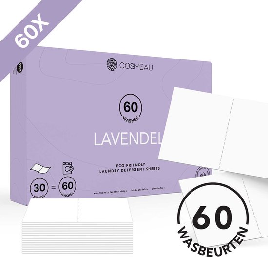 Cosmeau Wasstrips 60 Wasbeurten Lavendel Wasmiddel Wasvellen Detergent Sheets Eco Laundry Strips - Plasticvrij Biologisch Eco