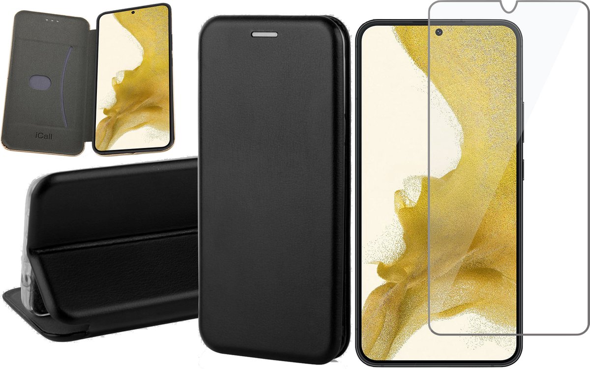 Hoesje geschikt voor Samsung Galaxy S22 Plus - Book Case Kunstlederen Wallet Cover Minimalistisch Pasjeshouder Hoes Zwart - Tempered Glass Screenprotector
