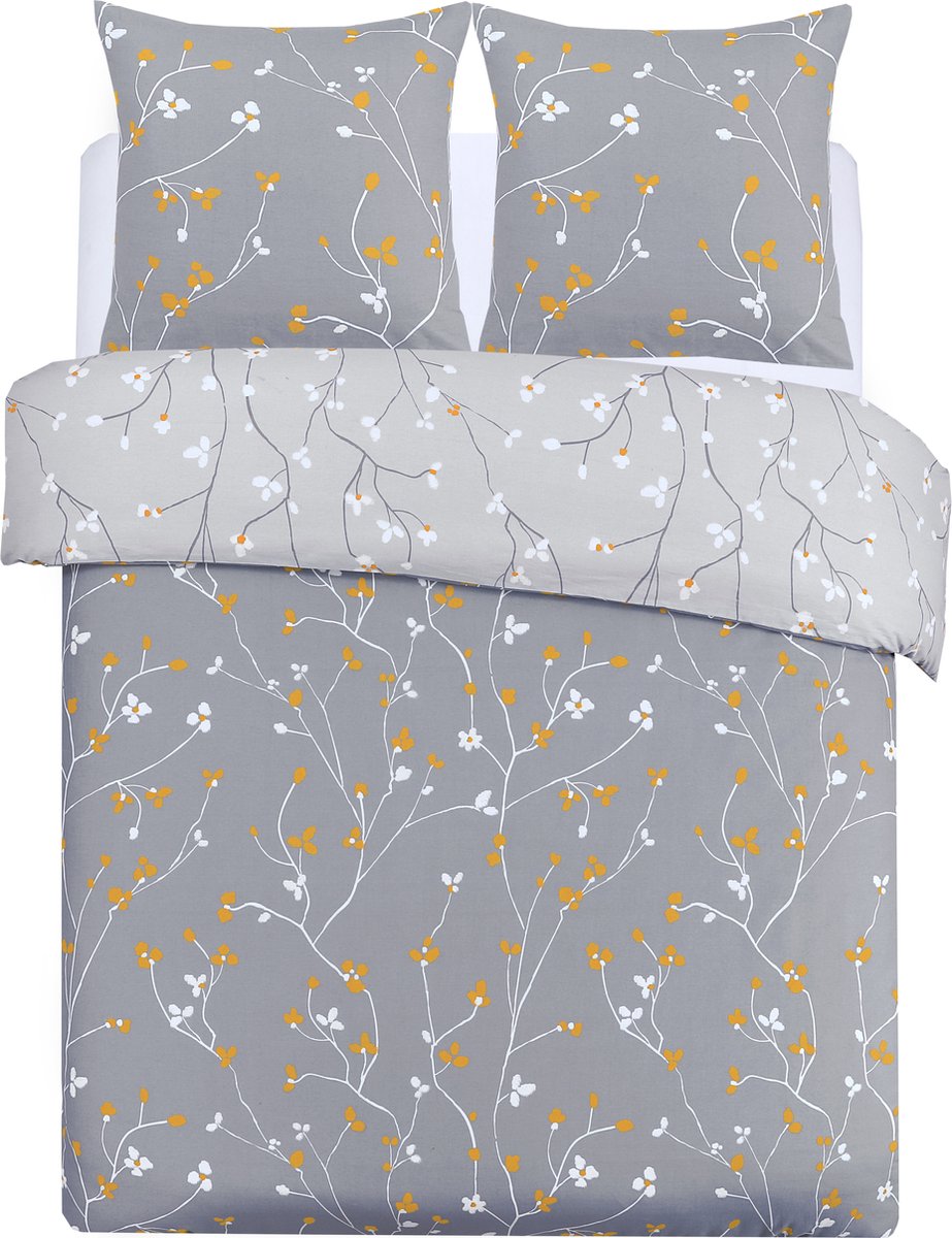 VISION Freya - Tweezijdig omkeerbaar Dekbedovertrekset - 100% katoen: zacht en soepel - Kingsize - Dekbedovertrek 260 x 240 cm met 2 bijhorende slopen - Grijs - Oekotex gecertificeerd