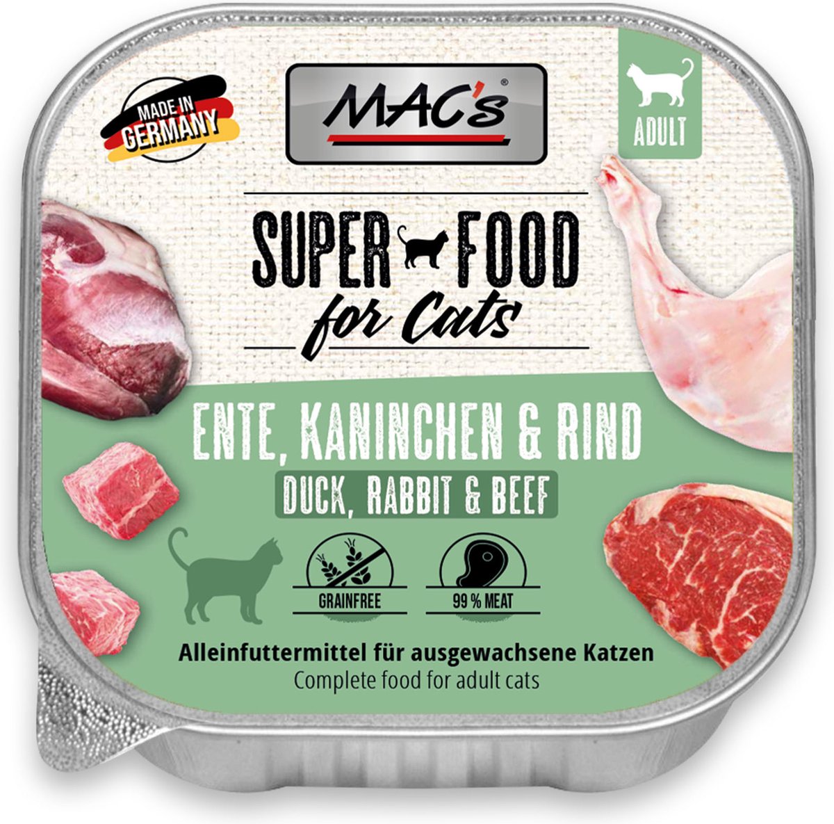 Mac’s katten natvoer - vlees kuipje 99% Eend, Konijn en Rundvlees 16 x 100g