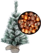 Besneeuwde mini kerstboom/kunst kerstboom 35 cm met kerstballen koper - Kerstversiering