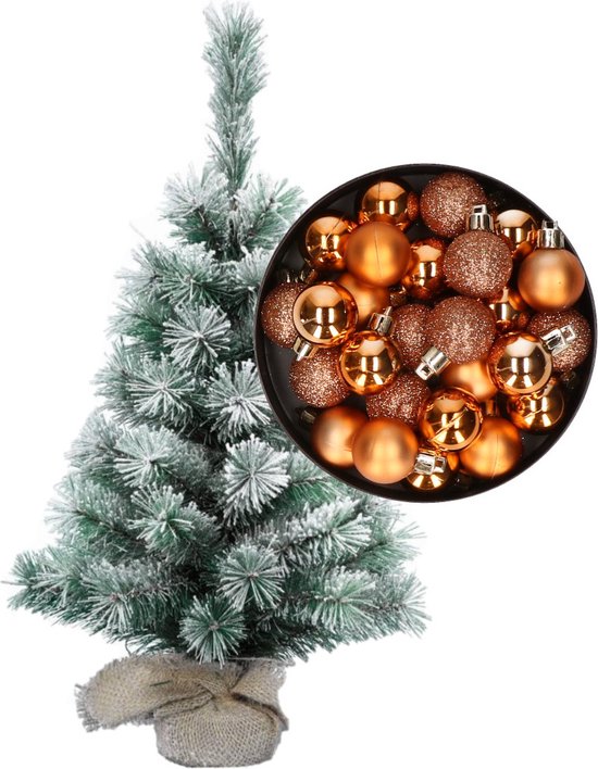 Besneeuwde mini kerstboom/kunst kerstboom 35 met kerstballen koper - Kerstversiering