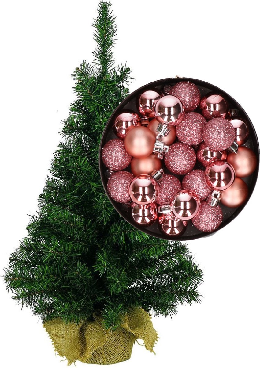 Mini kerstboom/kunst kerstboom H45 cm inclusief kerstballen roze - Kerstversiering