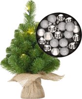 Mini kerstboom/kunstboom met verlichting 45 cm en inclusief kerstballen zilver - Kerstversiering