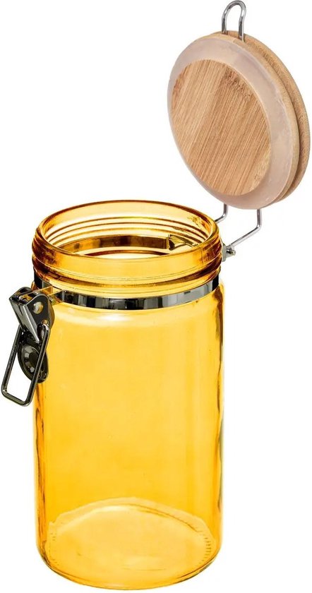 Bidon/bocal de conservation 1L verre jaune avec couvercle en bambou et  fermeture par