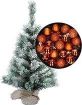 Besneeuwde mini kerstboom/kunst kerstboom 35 cm met kerstballen oranje - Kerstversiering