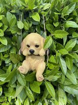 Polyresin hangend (tuin) dier "hond" - beige(2) - hoogte 15x10x8 cm - ophangtouw - Voor binnen of buiten - Tuinaccessoires - Woonaccessoires