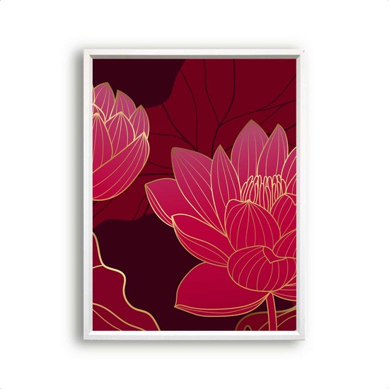 Poster Rood gouden lotus en bladeren botanisch - Midden / Planten / Bladeren / 30x21cm