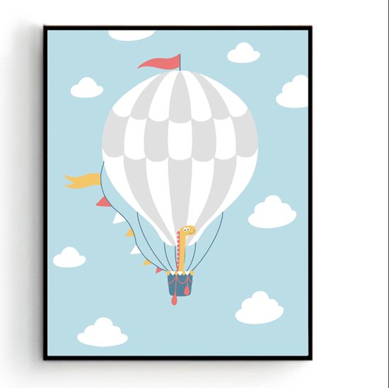 Poster Dinosaurus in Luchtballon - Kinderkamer - Dieren  Dino Poster - Babykamer / Kinderposter - Babyshower Cadeau - Muurdecoratie - 50x40cm - Postercity